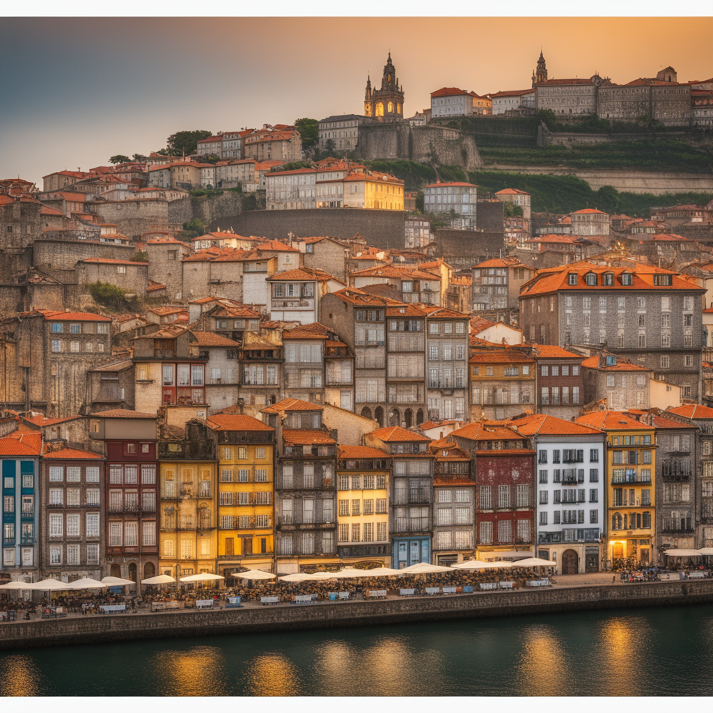 a view of a Porto with a river and a church, a pastel by Xavier Blum Pinto, shutterstock, baroque, city of pristine colors, portugal, port